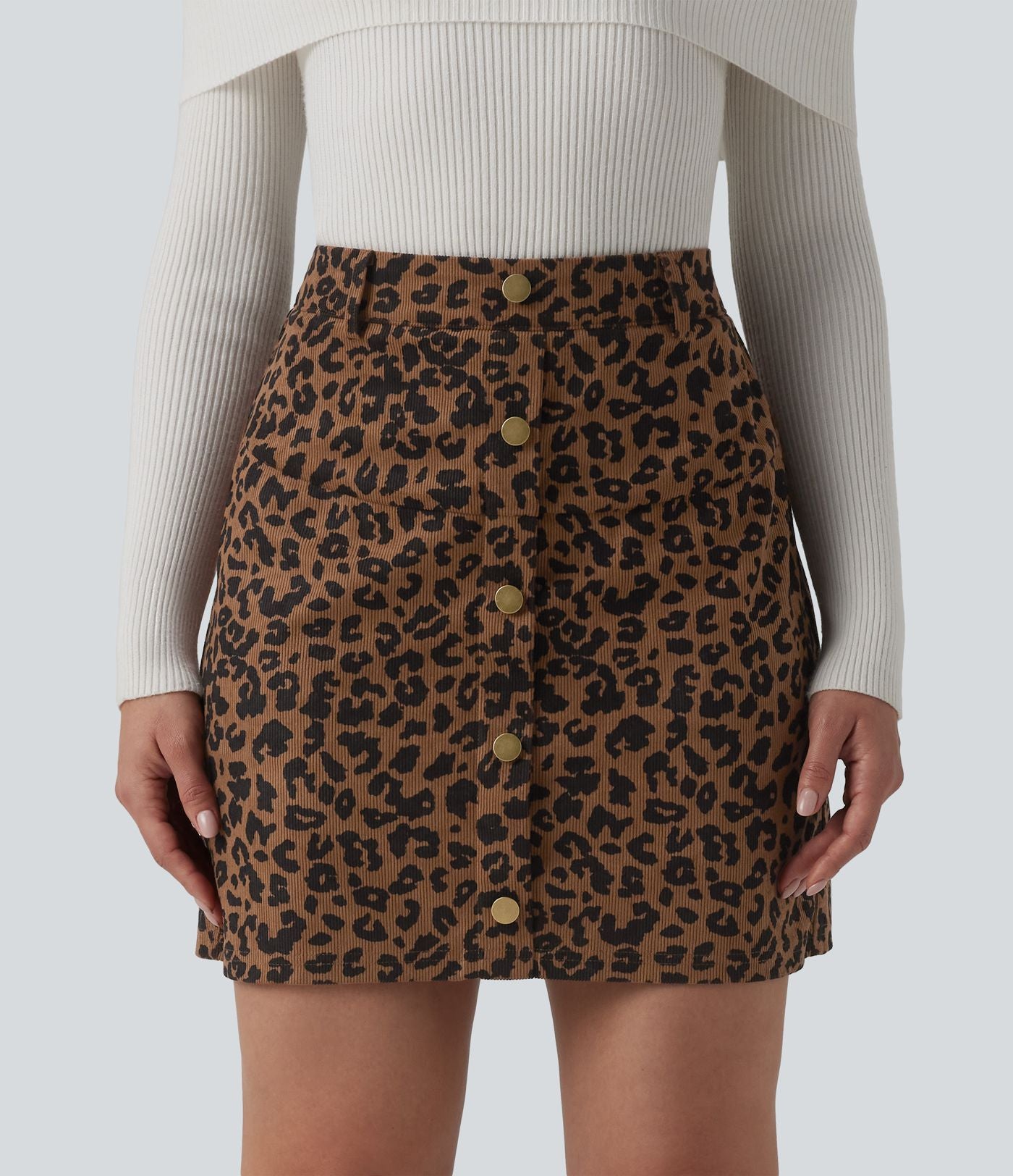 Jupe mini casual 2-en-1 léopard taille haute avec poche — Longueur allongée