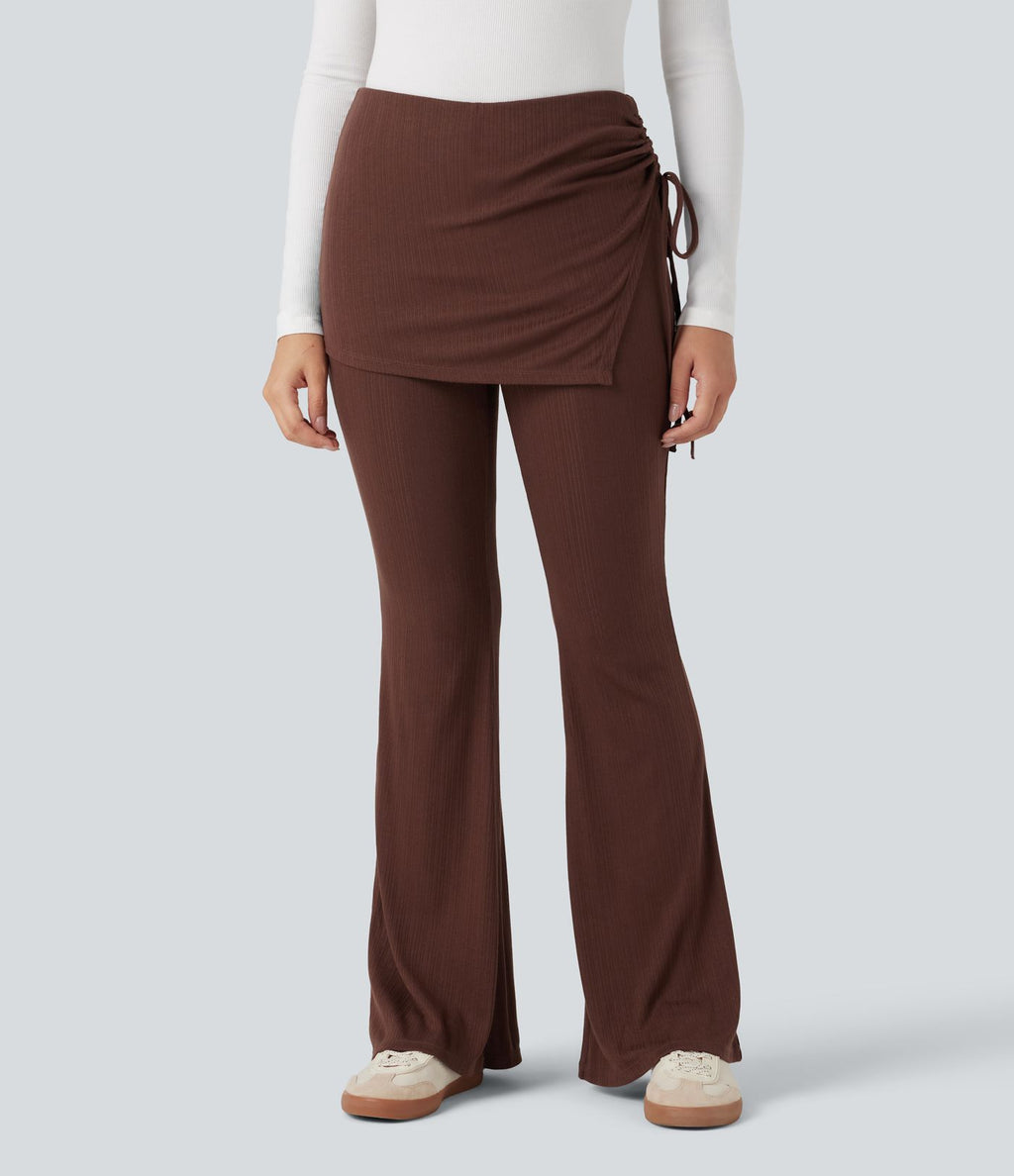 Pantalon évasé côtelé 2-en-1 froncé taille mi-haute avec cordon de serrage