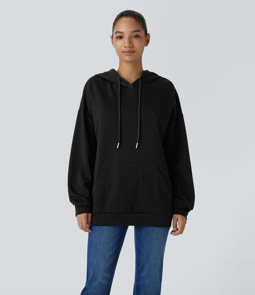 Sweat-shirt décontracté à capuche avec cordon de serrage, manches longues, poche kangourou, coupe croisée et fente