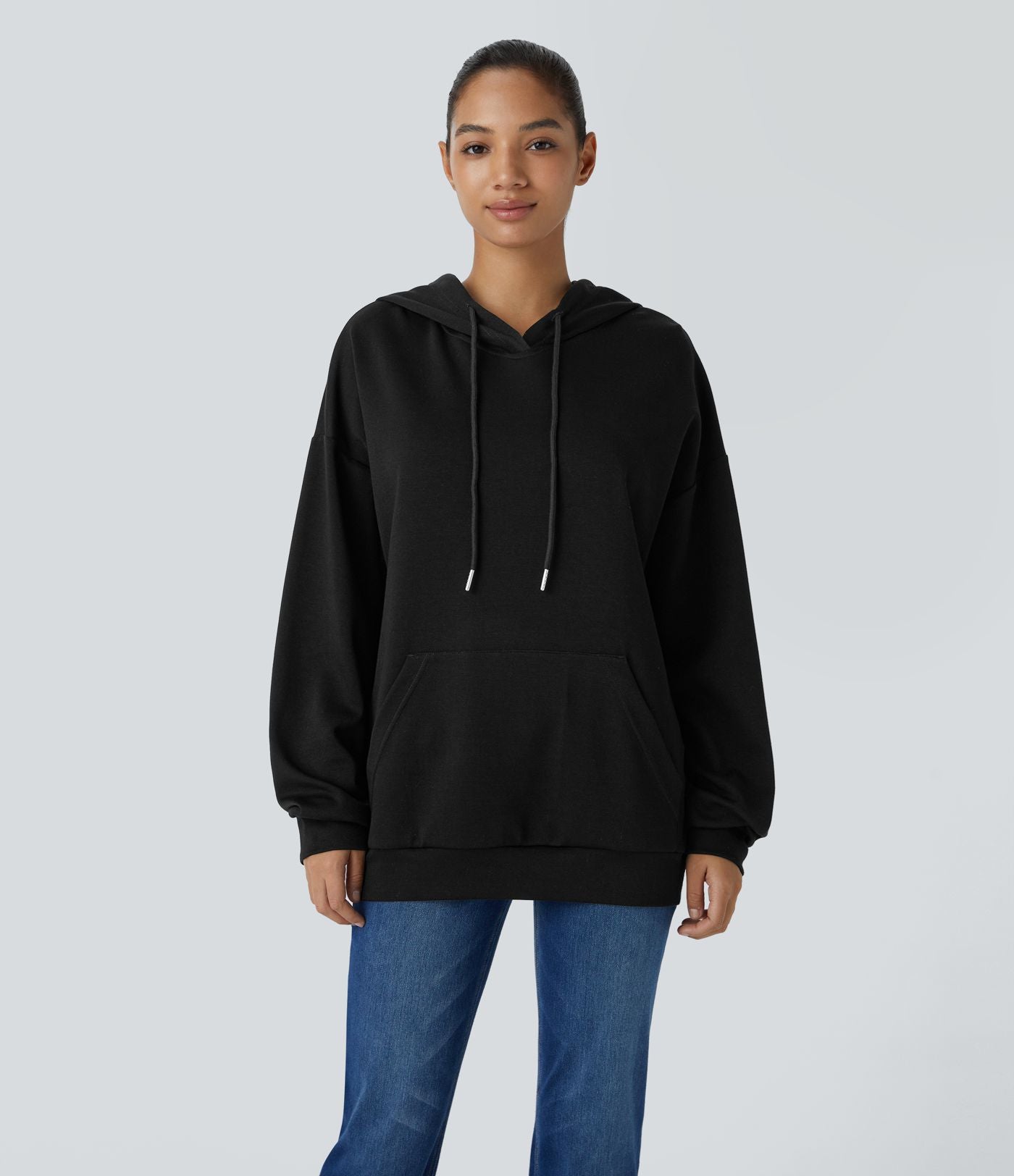 Sweat-shirt décontracté à capuche avec cordon de serrage, manches longues, poche kangourou, coupe croisée et fente