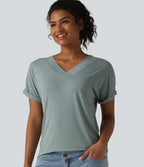 T-shirt décontracté col V à manches chauve-souris courtes