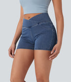 Halara Flex™  Shorts 7,5cm Denim Casual Taille Haute Poches Latérales Croisées en Maille Extensible
