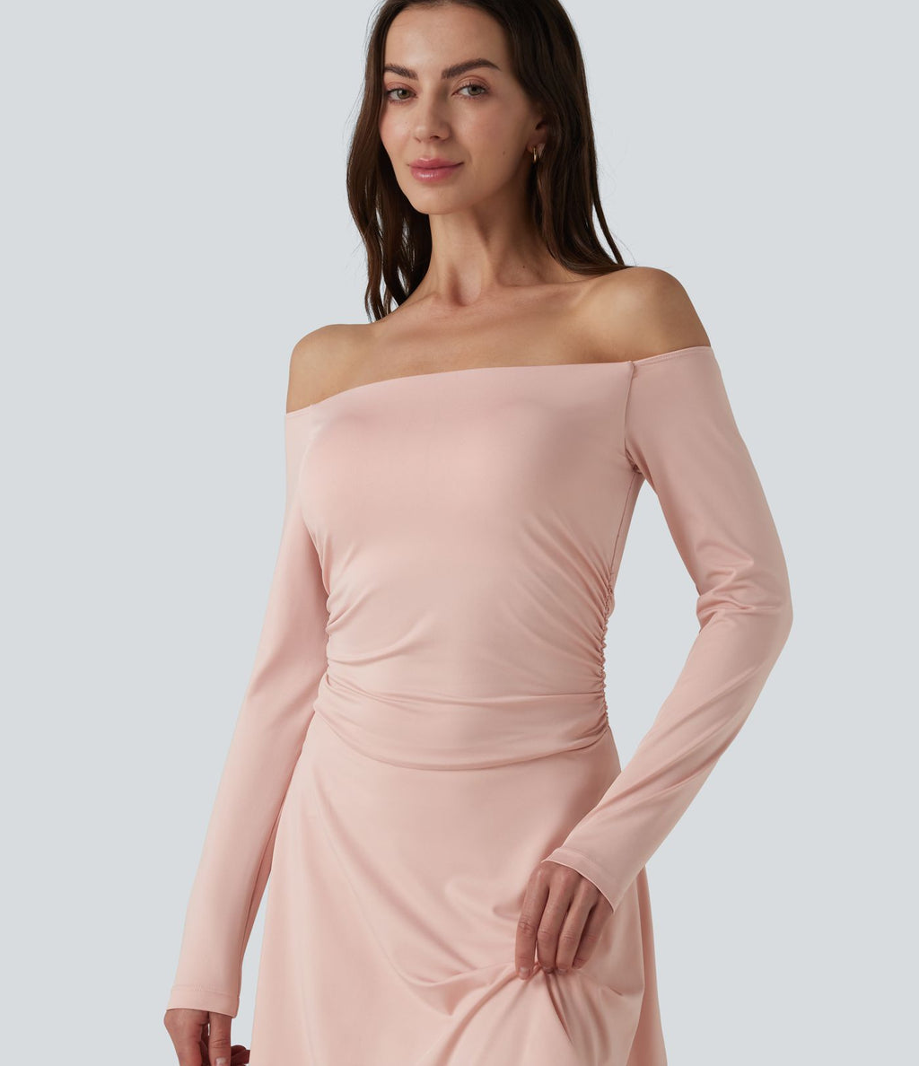Robe décontractée 2-en-1, épaules dénudées, manches longues, fronces, brassière intégrée, à poche — Easy Peasy