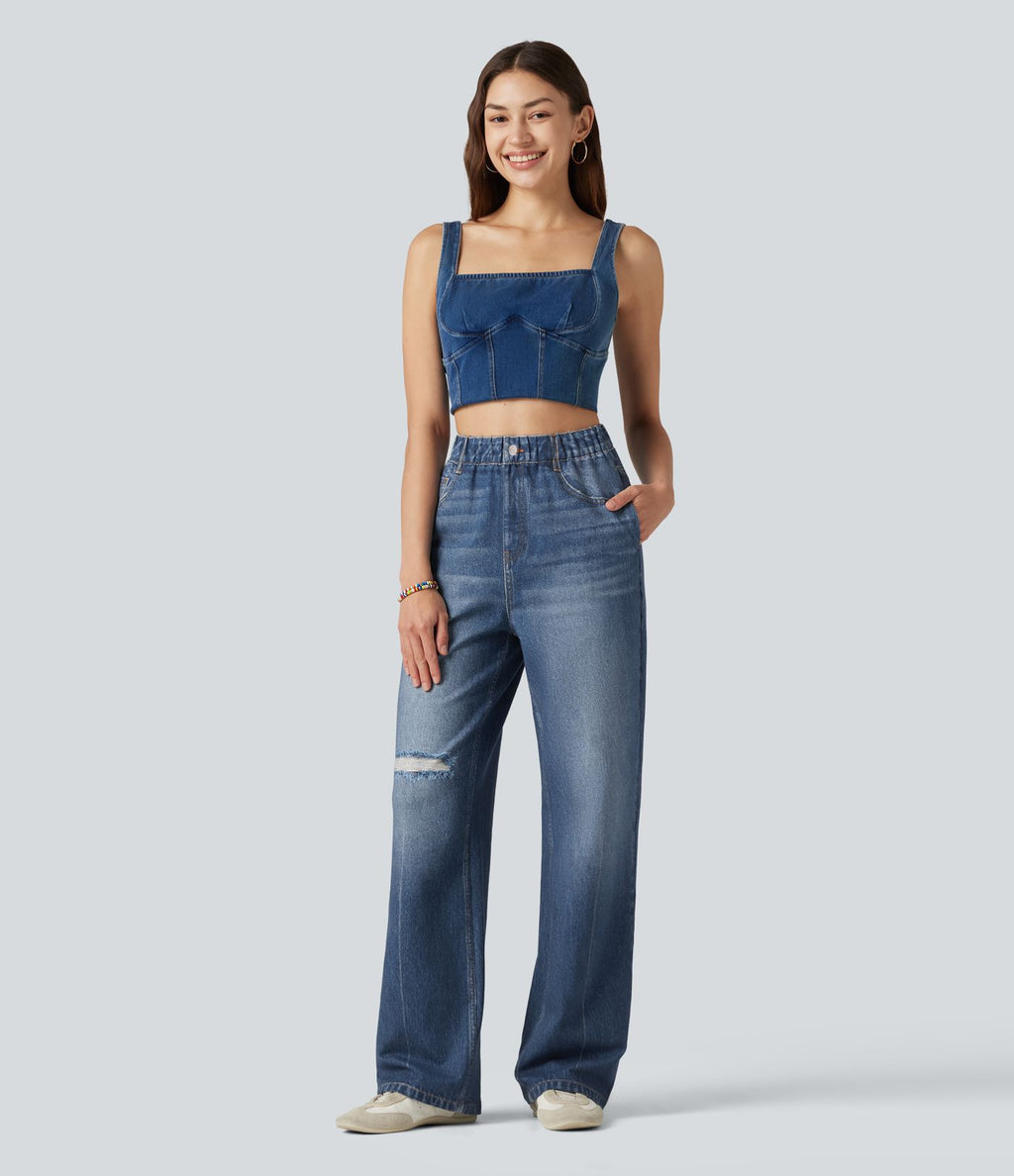 Pantalon de jogging taille haute en molleton French Terry imprimé jean avec poches