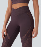 Pantalon de yoga évasé à taille haute croisée, poche arrière et dentelle