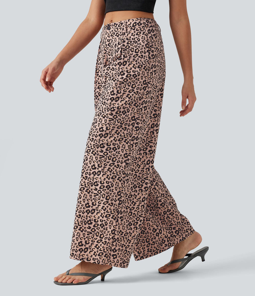 Pantalon large décontracté imprimé léopard taille mi-haute avec poches