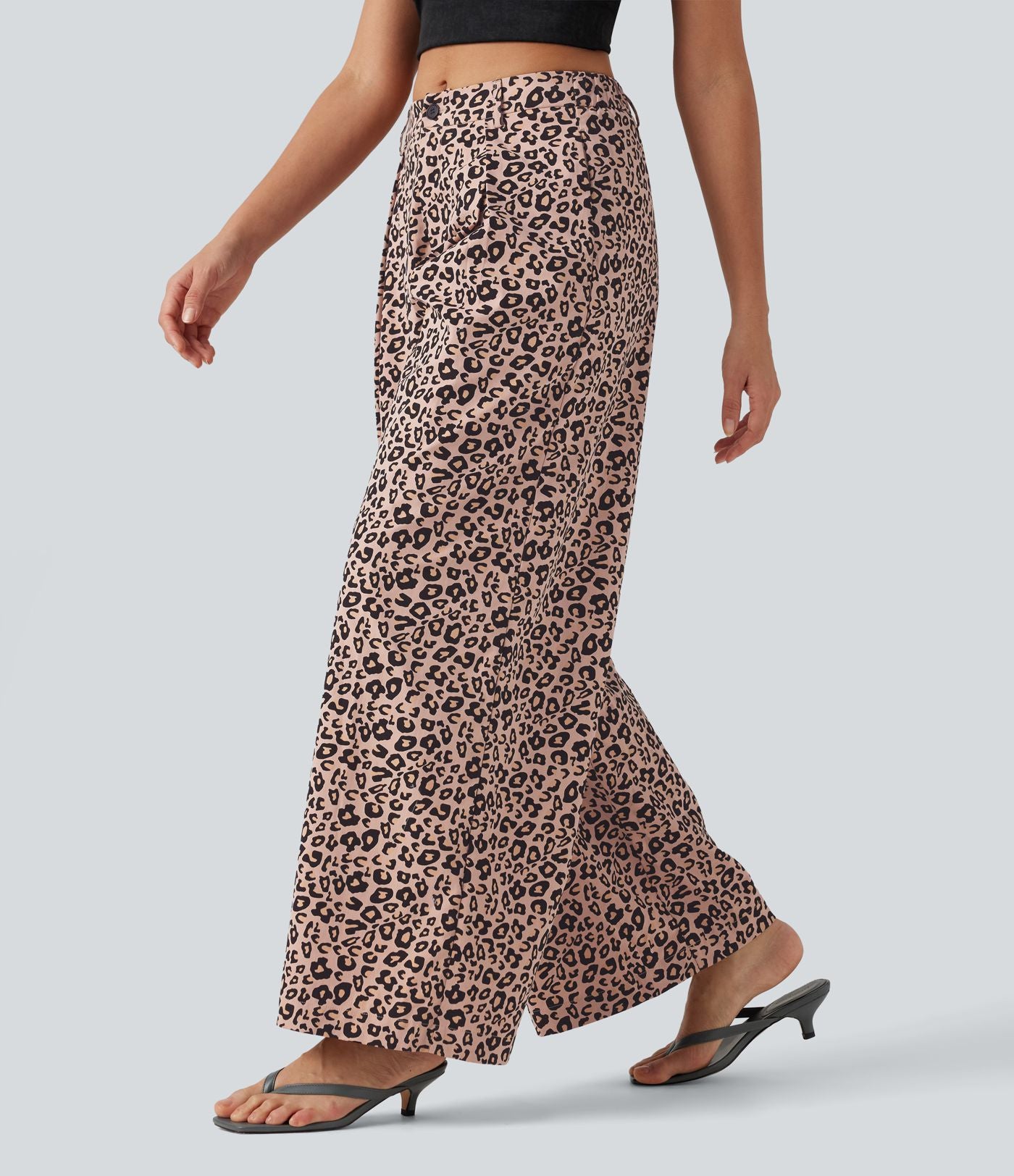 Pantalon large décontracté imprimé léopard taille mi-haute avec poches