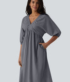 Robe midi casual col V à manches trois-quarts aspect lin, avec poches