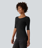 T-shirt casual col rond échancré manches trois-quarts en maille côtelée