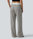 Pantalon large décontracté à carreaux taille mi-haute avec cordon de serrage et poches