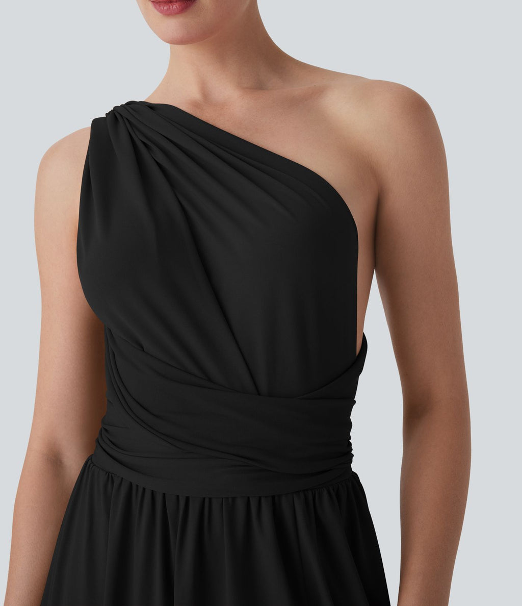 Robe longue de soirée col V, manches courtes, dos croisé à nouer, fendue avec poche latérale