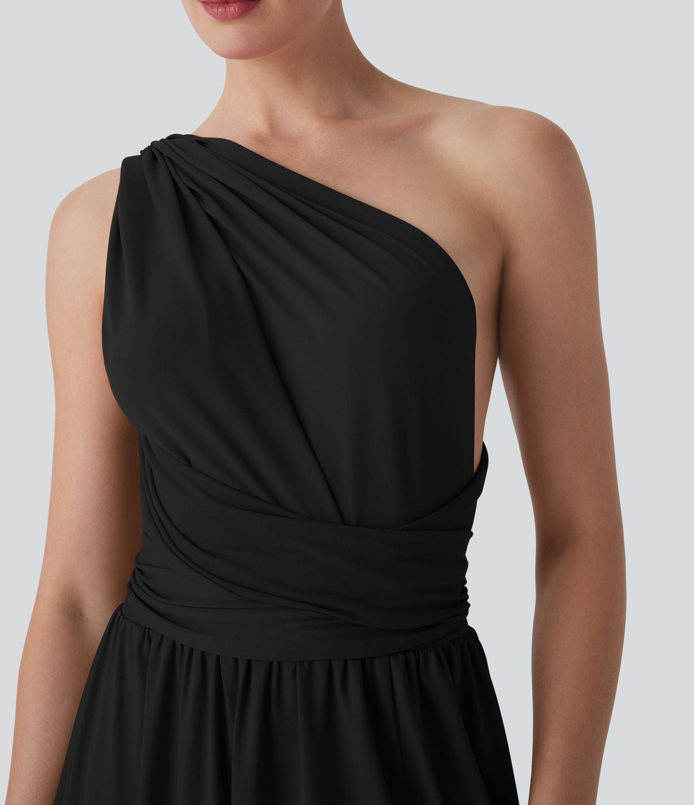 Robe longue de soirée col V, manches courtes, dos croisé à nouer, fendue avec poche latérale