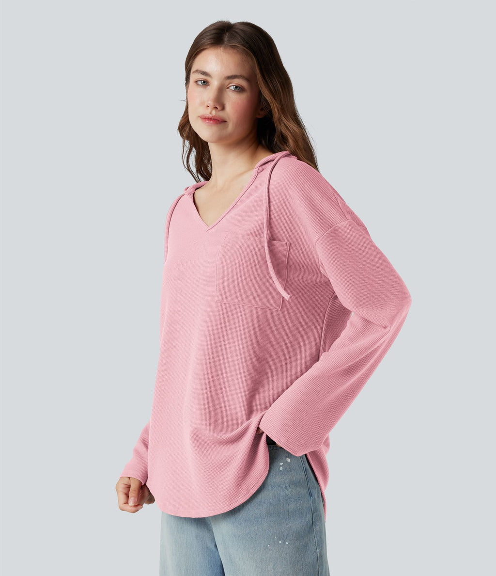 Sweat-shirt à capuche gaufré cordon de serrage manches longues ourlet arrondi avec poche