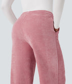Pantalon chenille gaufré coupe droite taille mi-haute avec poches