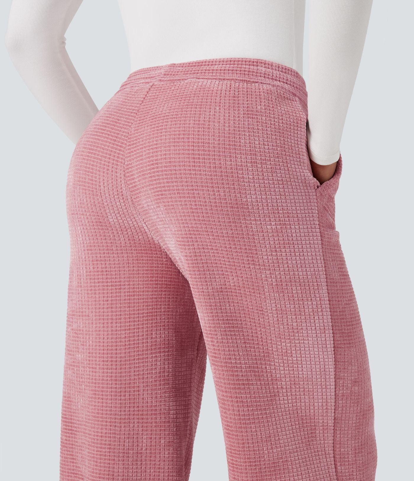 Pantalon chenille gaufré coupe droite taille mi-haute avec poches