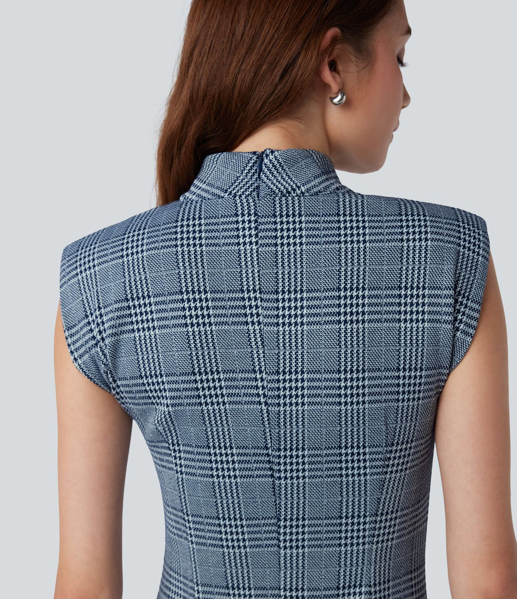 Robe de travail midi moulante sans manches col montant pied-de-poule à carreaux
