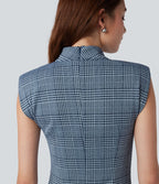 Robe de travail midi moulante sans manches col montant pied-de-poule à carreaux