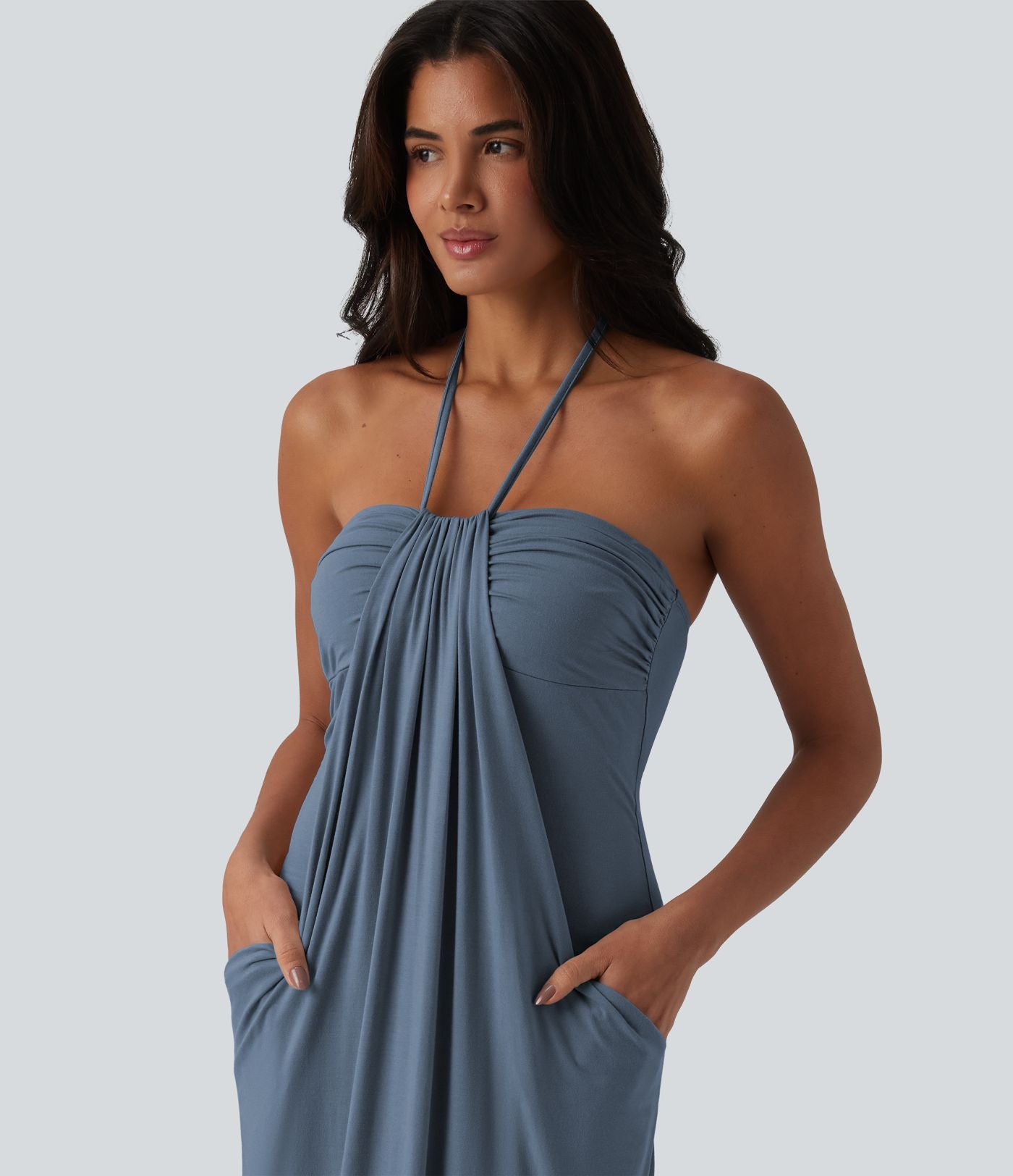 Robe longue dos nu col licou avec nœud et poches