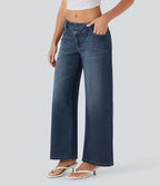 Halara Flex™ Jean large asymétrique taille basse avec bouton, fermeture éclair et poches multiples, délavé et extensible en maille