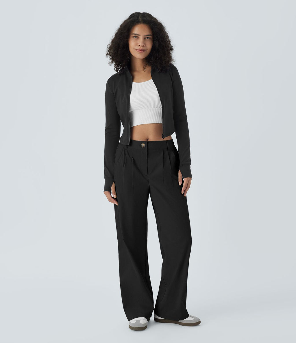 Pantalon décontracté droit taille moyenne à bouton, fermeture éclair et poches latérales