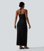Robe longue dos nu col licou avec nœud et poches
