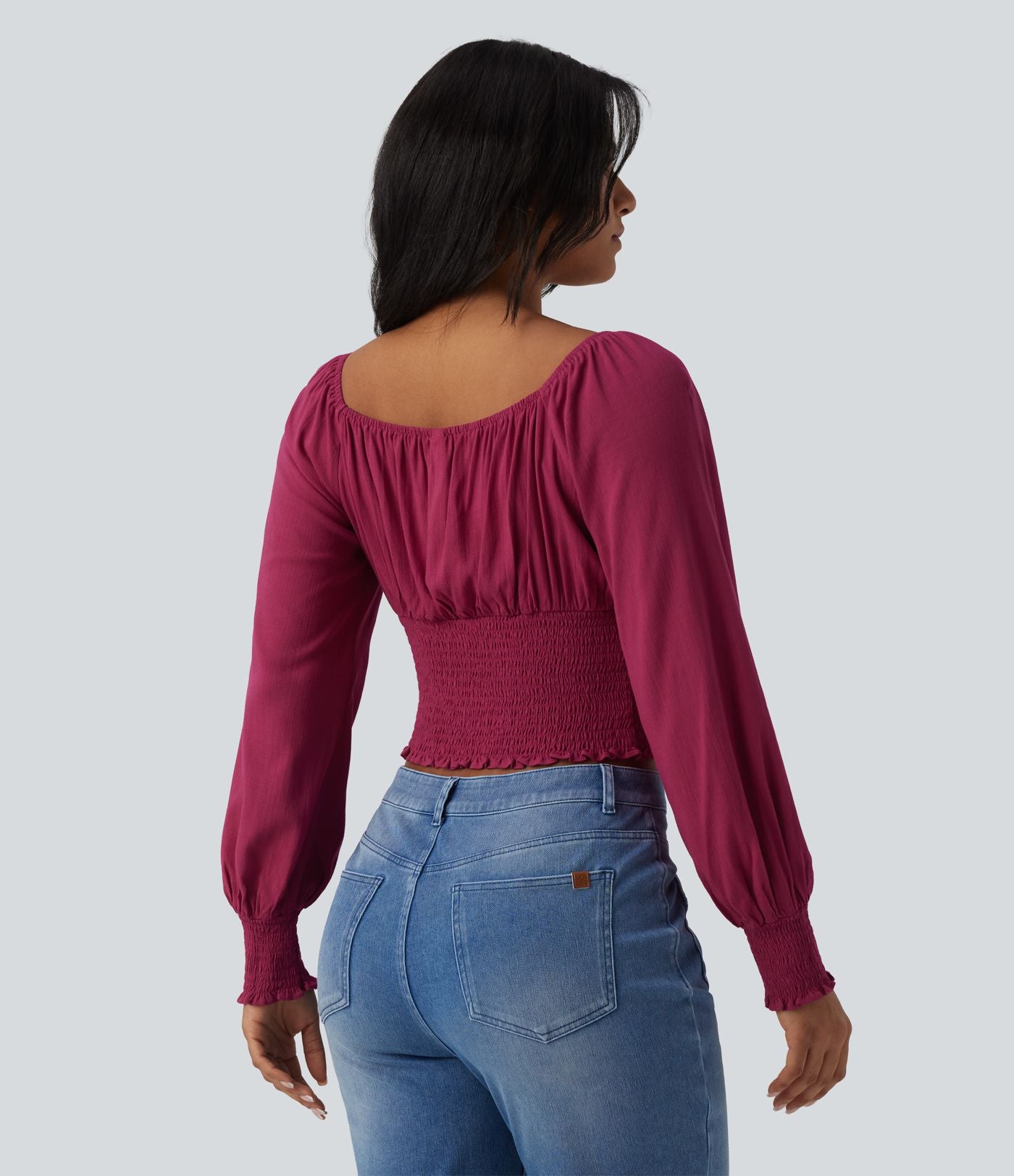 Blouse casual froncée à col carré et manches bouffantes