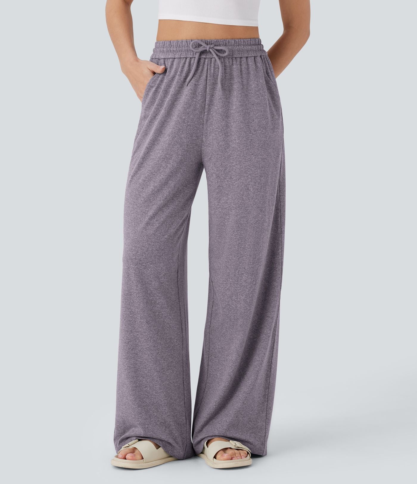 Pantalon large décontracté taille haute avec cordon de serrage et poches latérales