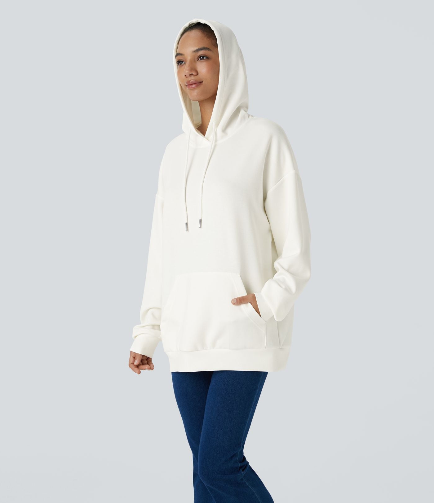 Sweat-shirt décontracté à capuche avec cordon de serrage, manches longues, poche kangourou, coupe croisée et fente