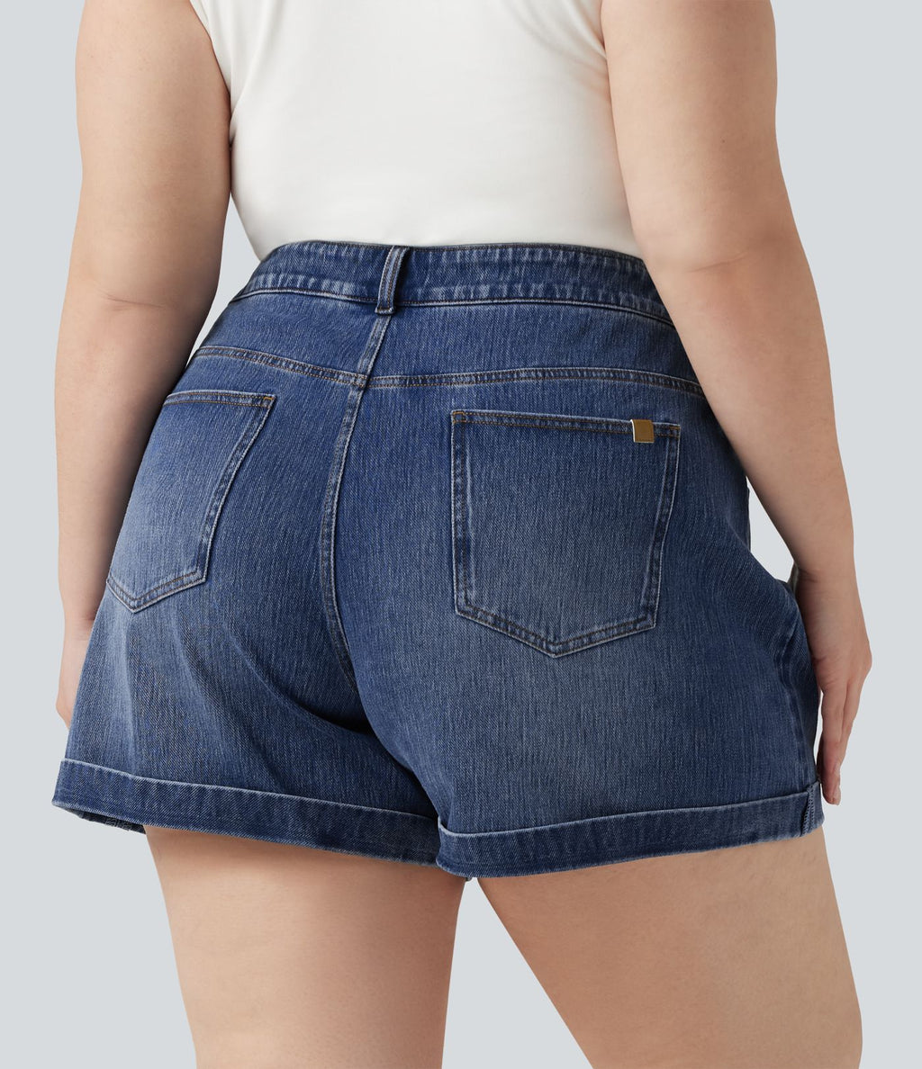 Short jean grande taille Halara Flex™ Denim casual taille mi-haute, ourlets retroussés, avec poches, 12,7 cm