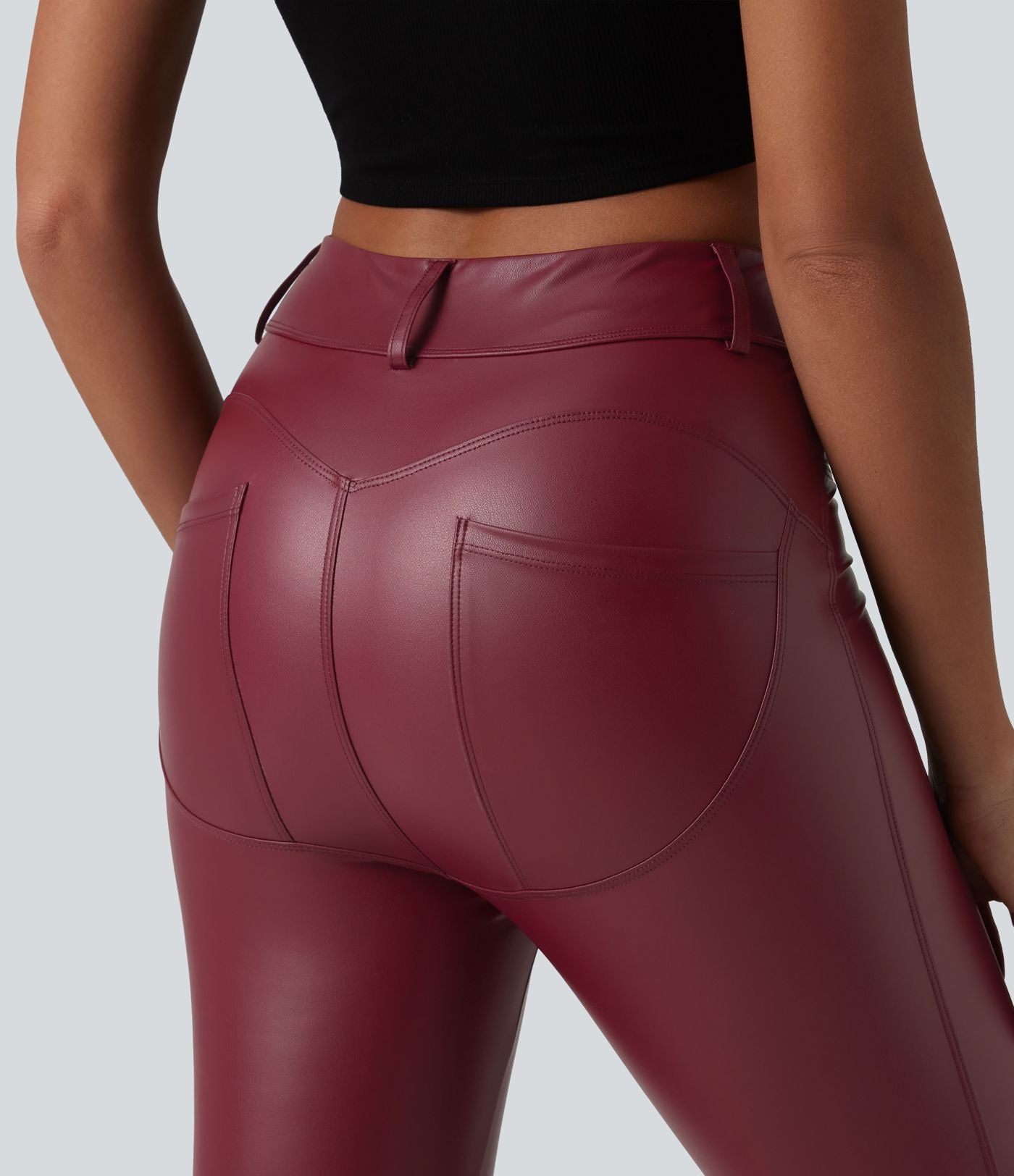Legging corsaire casual taille haute extensible en simili cuir avec poches
