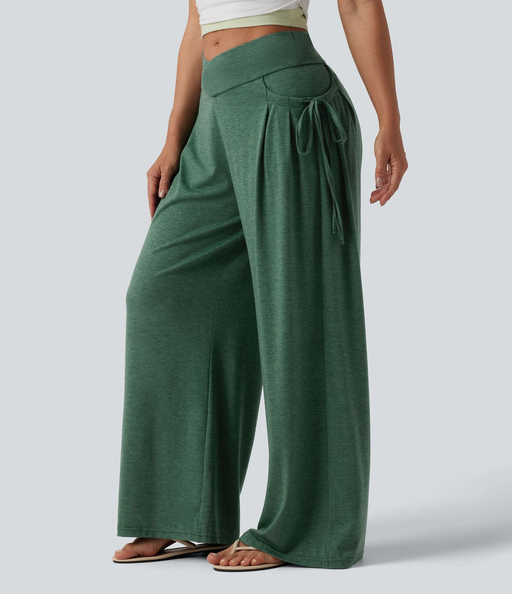 Pantalon casual large ample chiné taille haute croisé à lacets avec poches