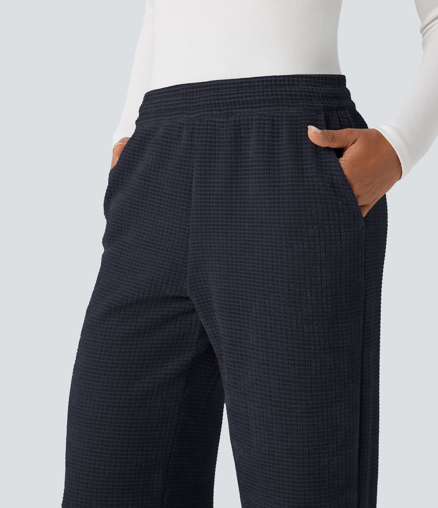 Pantalon chenille gaufré coupe droite taille mi-haute avec poches
