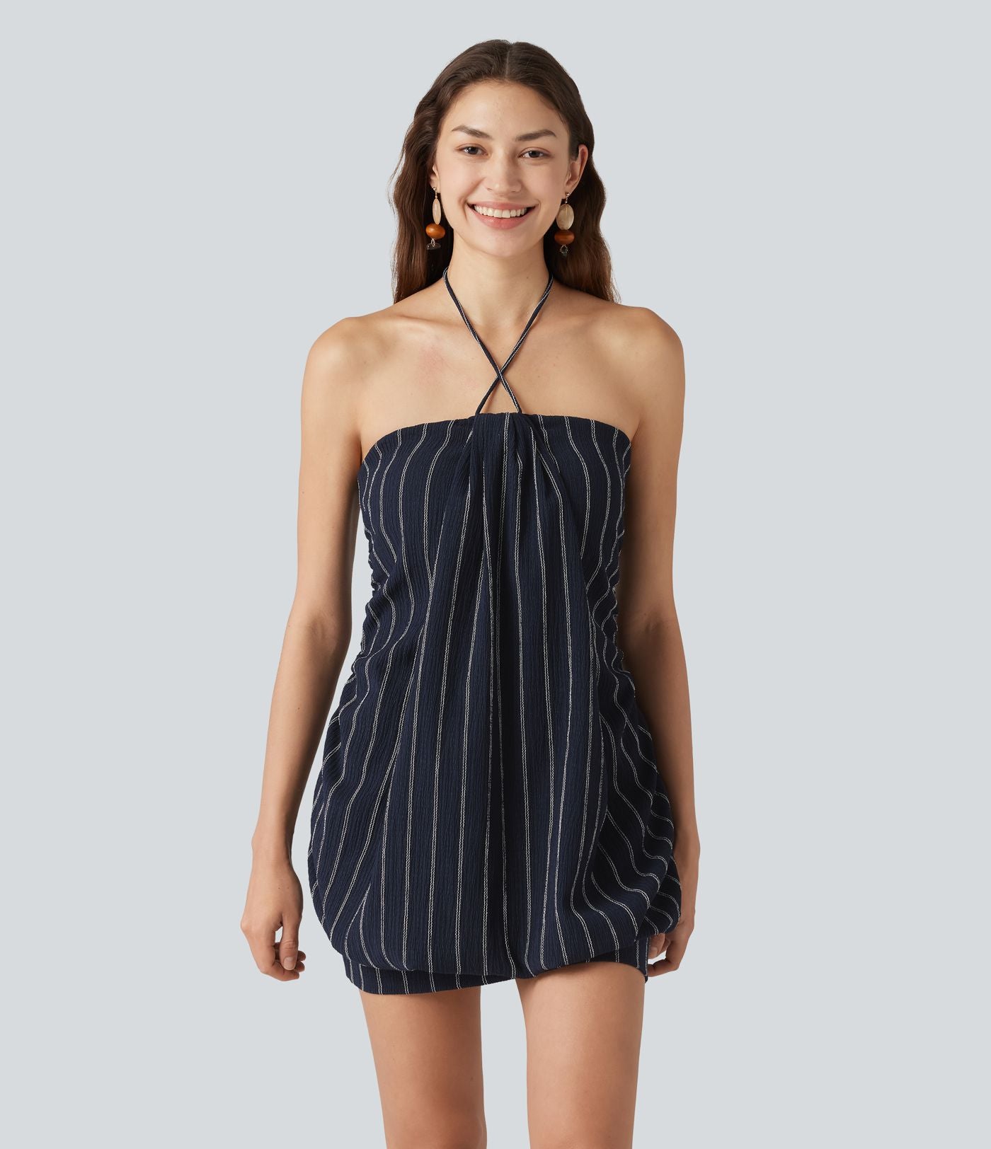 Robe micro-mini moulante à rayures col dos nu avec soutien-gorge intégré et dos à nouer
