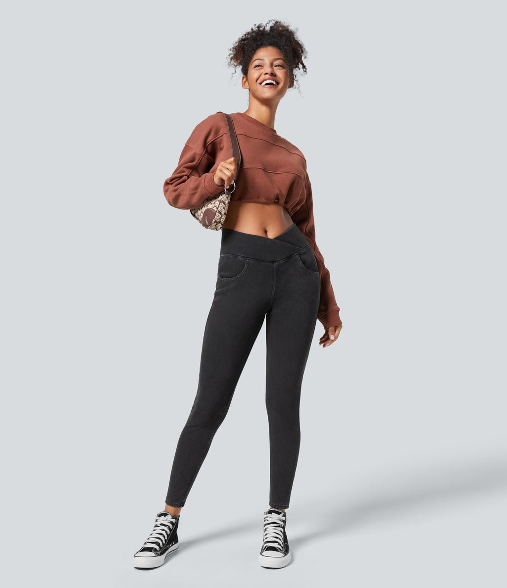 Halara Flex™ Denim Heat Legging casual 7/8 taille haute croisée avec poches