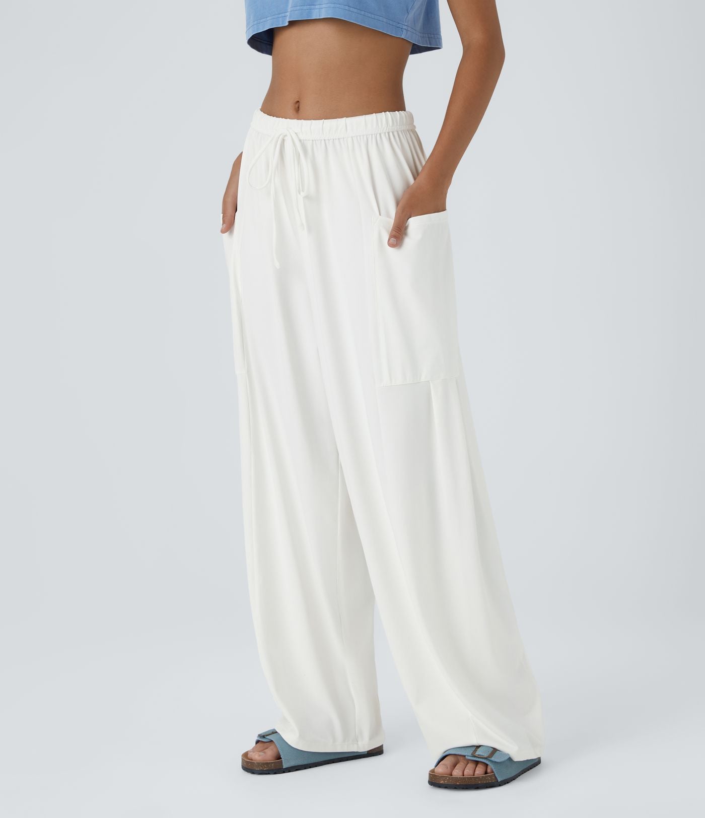Pantalon Large Fluide Taille Mi-Haute Taille Élastique Cordon Poches Latérales Ourlet Flottant