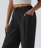 Pantalon cargo casual coupe droite taille mi-haute aspect lin à cordon de serrage avec poches