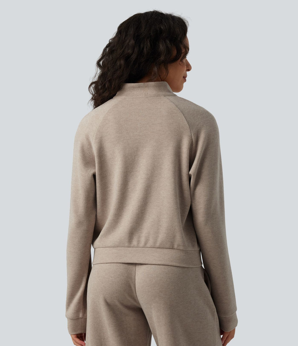 Veste casual côtelée à col montant, manches longues et fermeture zippée avec poches