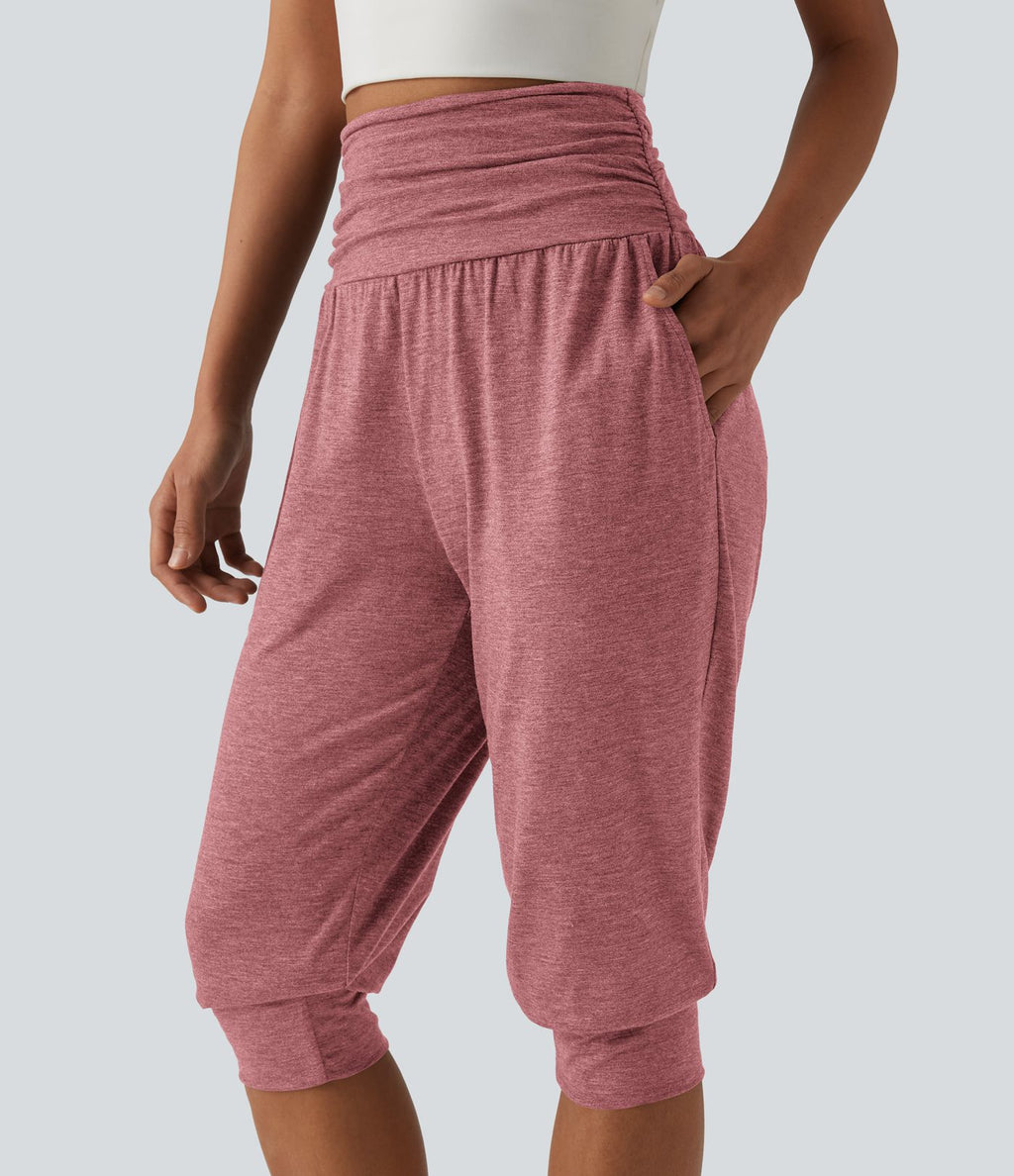 Jogging yoga corsaire chiné taille haute à fronces avec poches