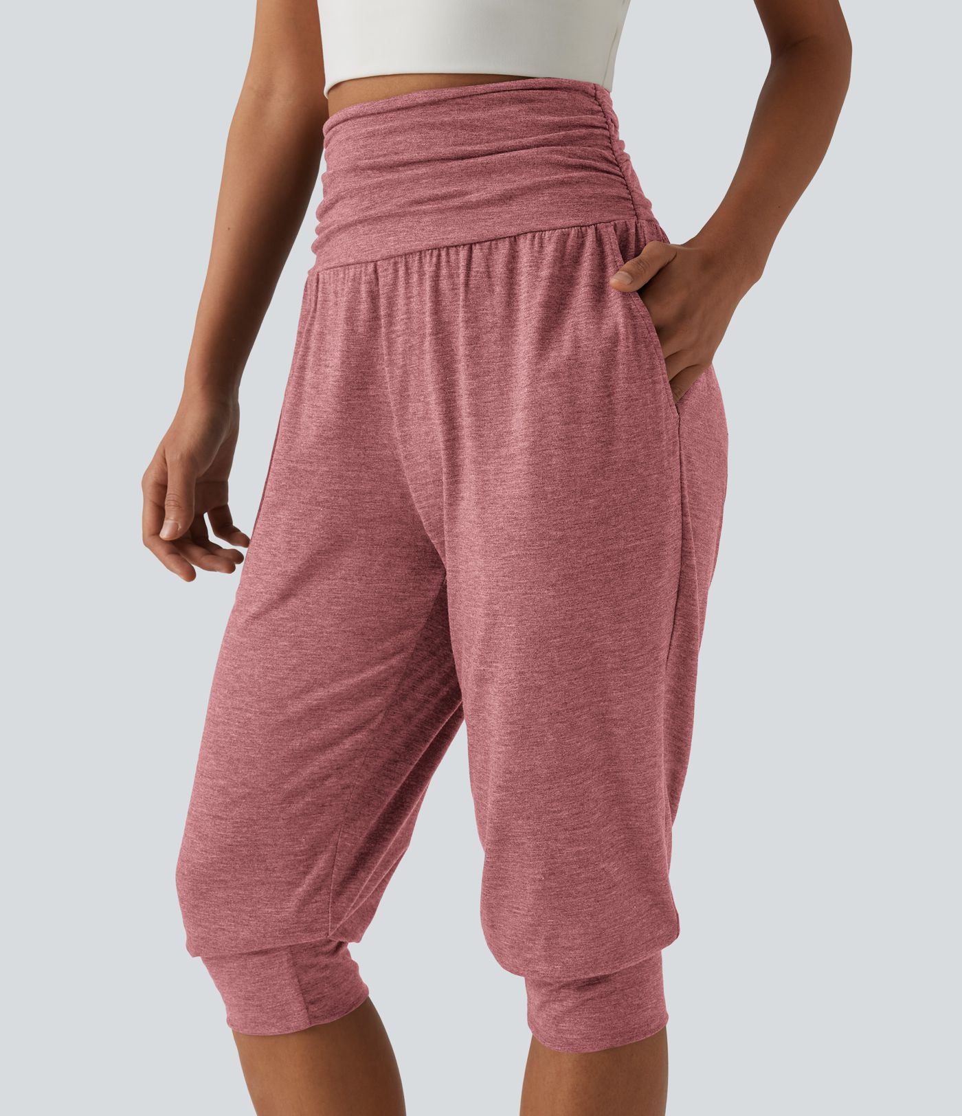 Jogging yoga corsaire chiné taille haute à fronces avec poches