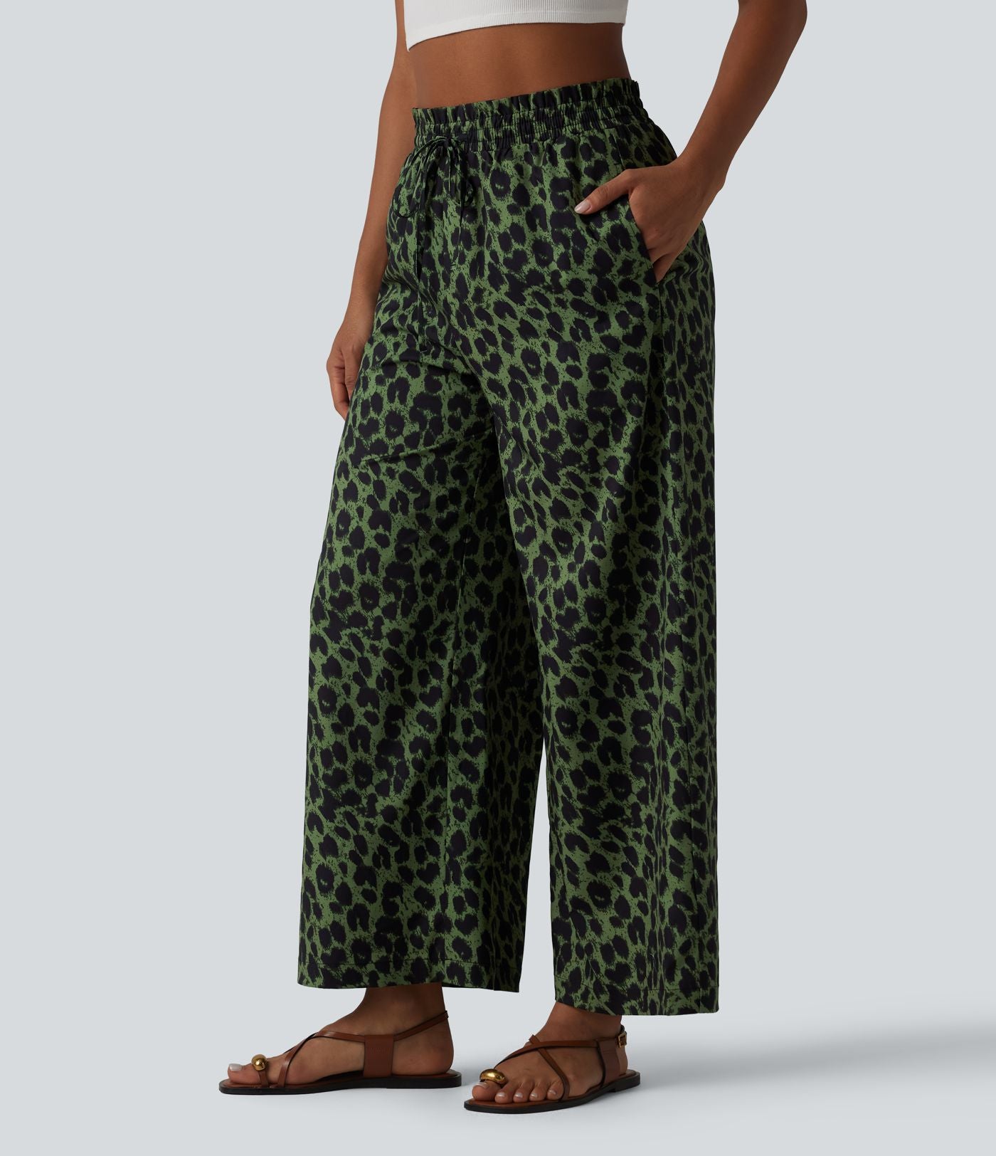 Pantalon large et fluide à imprimé léopard, taille haute avec cordon de serrage et poches latérales