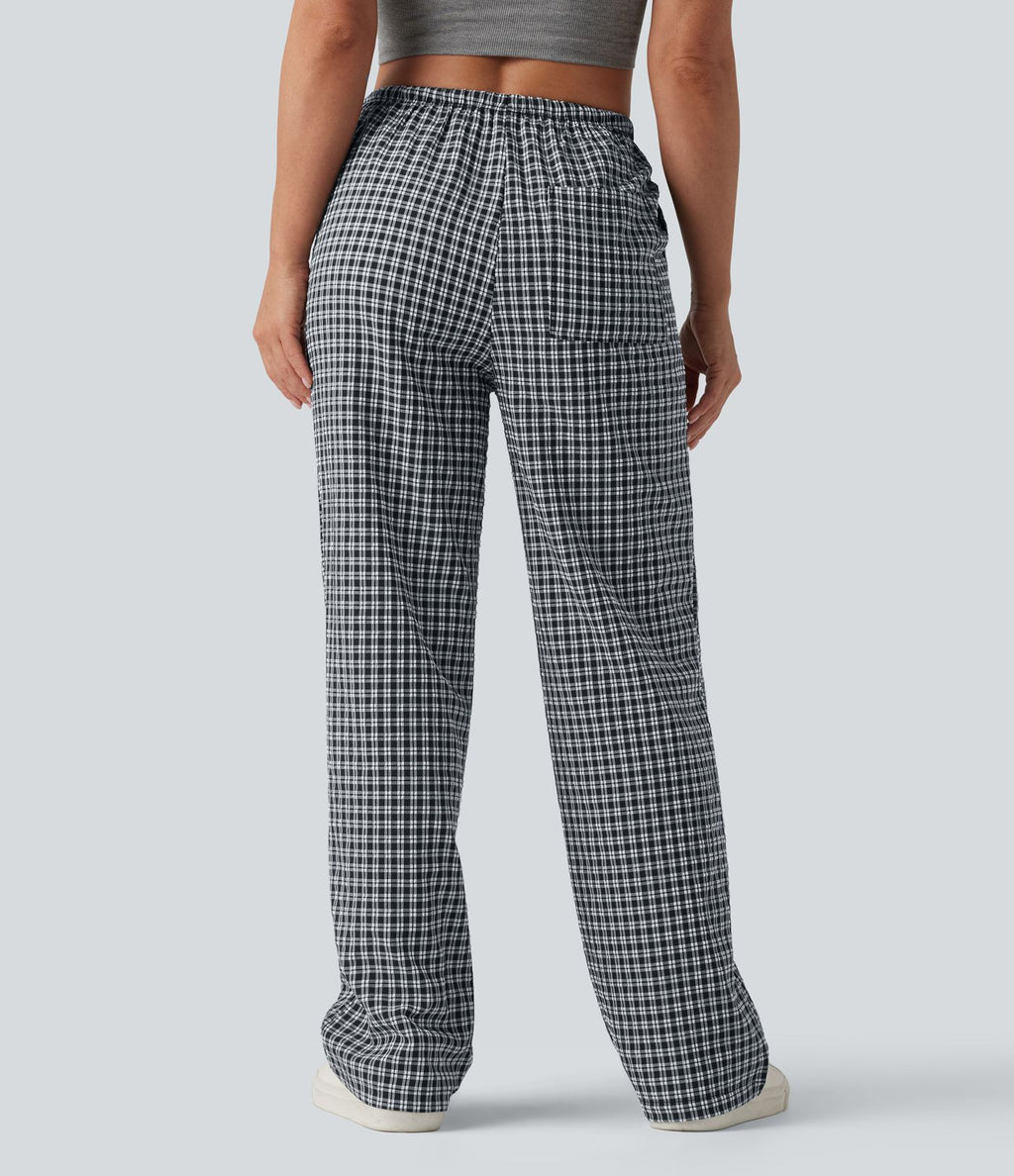 Pantalon casual coupe droite taille mi-haute vichy à cordon de serrage avec poches