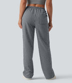 Pantalon casual coupe droite taille mi-haute vichy à cordon de serrage avec poches