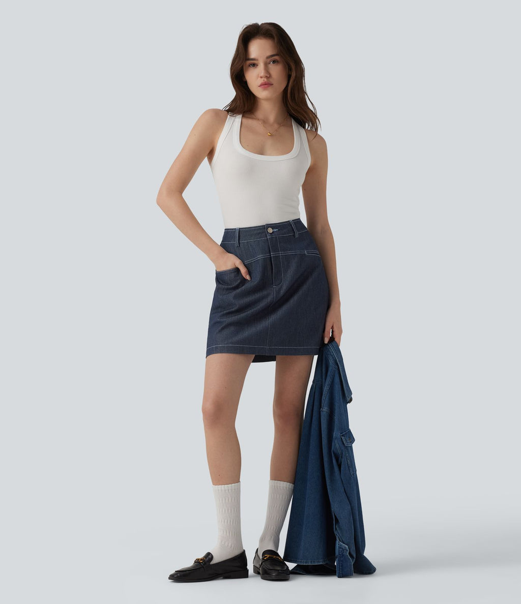 Jupe mini évasée casual 2-en-1 aspect denim taille haute avec poches