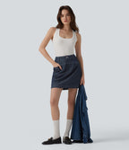 Jupe mini évasée casual 2-en-1 aspect denim taille haute avec poches