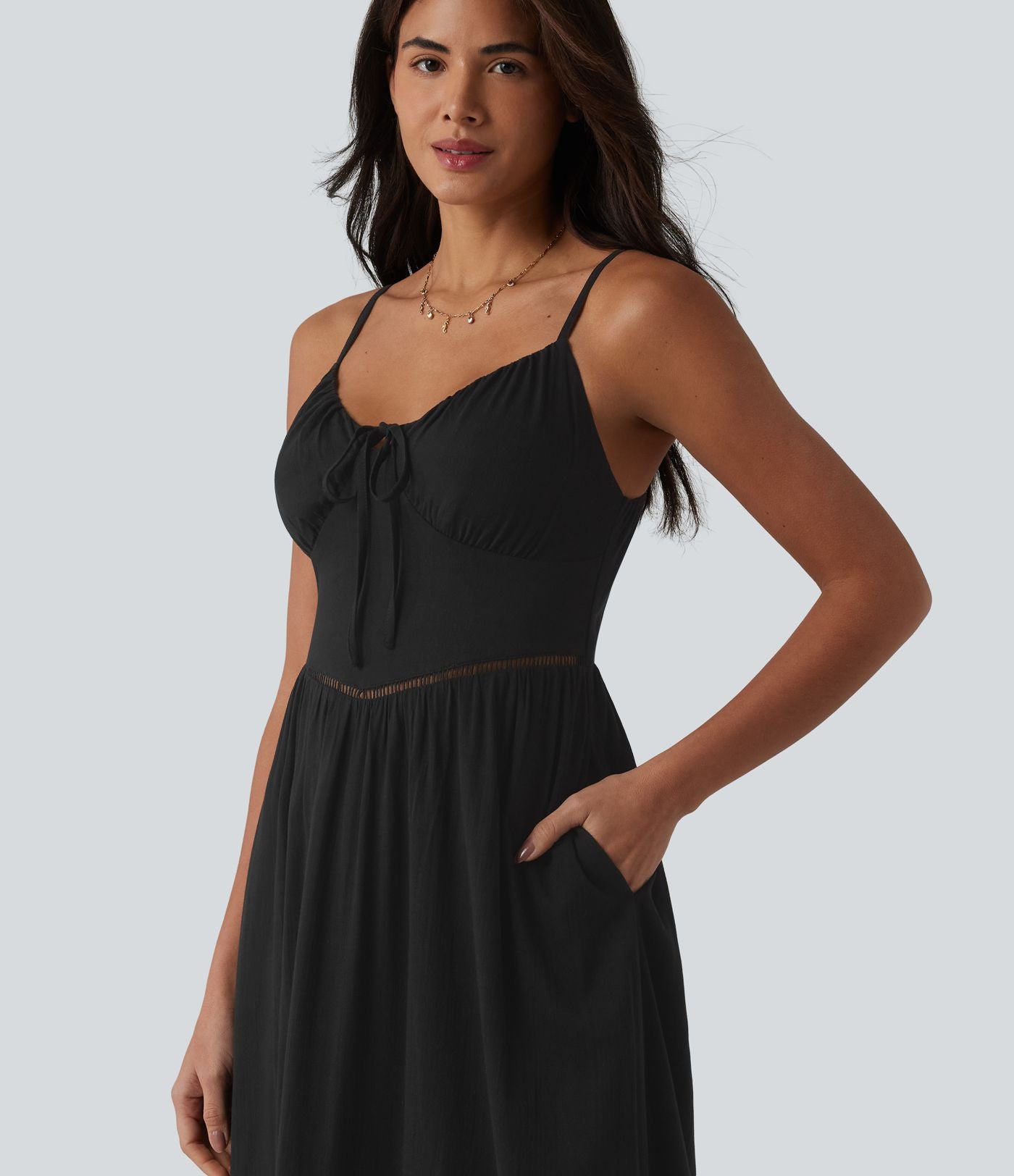 Robe nuisette midi aspect lin avec nœud devant, découpes et poches