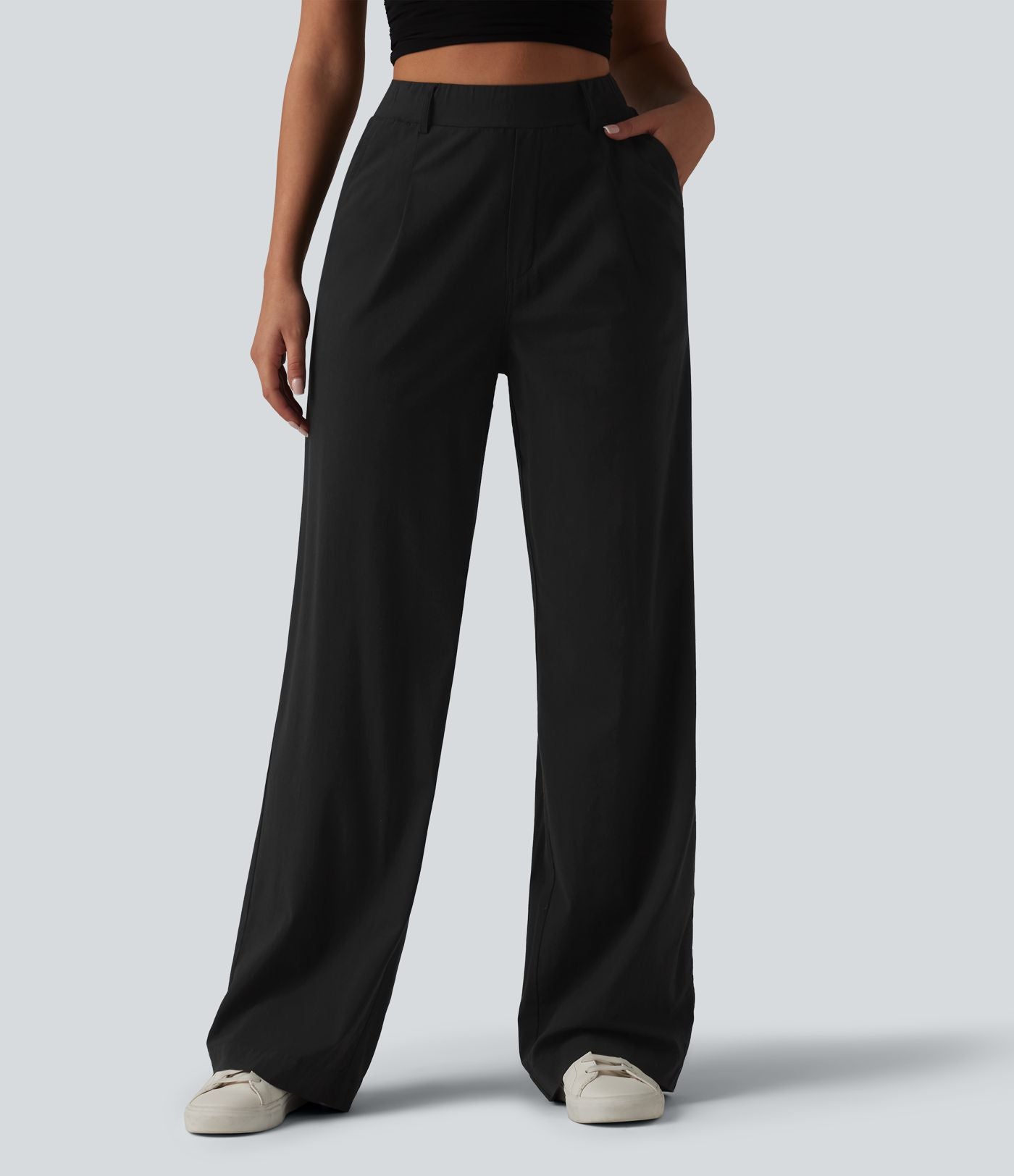 Pantalon taille haute casual en lin stretch coupe droite avec poches
