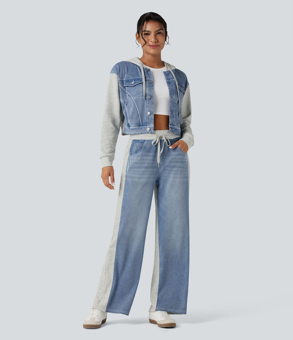 Veste en jean patchwork à capuche avec cordon de serrage et manches longues Halara Flex™