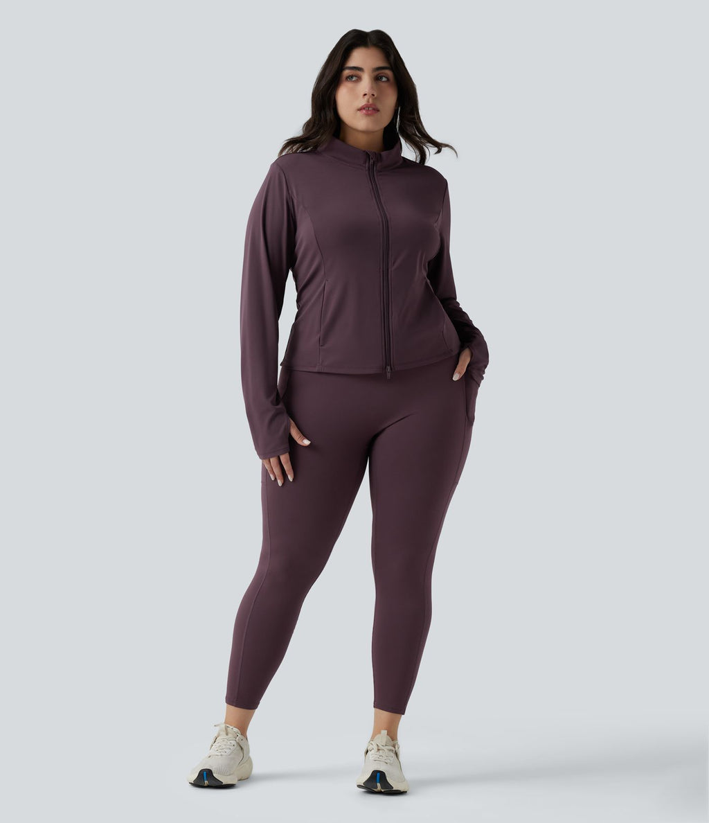 SoftlyZero™ Veste de randonnée grande taille ajustée zippée plissée à col montant avec passants pouces et poches - UPF50+