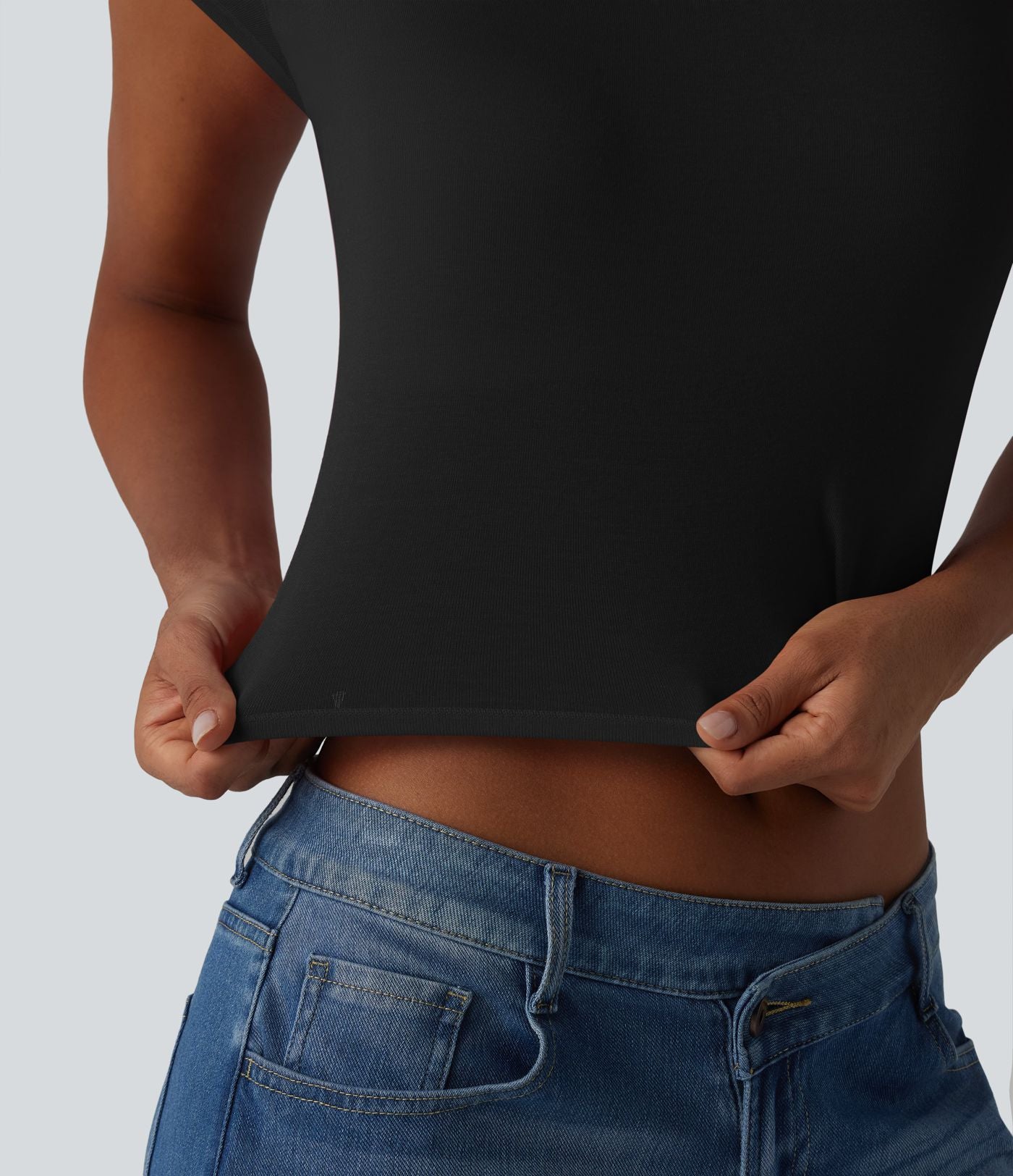 T-shirt crop décontracté côtelé dos nu à nouer avec soutien-gorge intégré manches courtes