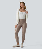 Pantalon 7/8 moulant décontracté polaire gainant taille haute extensible effet cuir avec poches